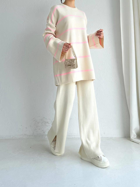 Basic Çizgili Salaş Kazak Pembe