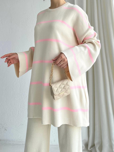 Basic Çizgili Salaş Kazak Pembe
