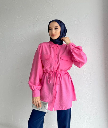 Beli Büzgülü Krinkıl Gömlek Fuşya - Moda AlaBeli Büzgülü Krinkıl Gömlek Fuşya
