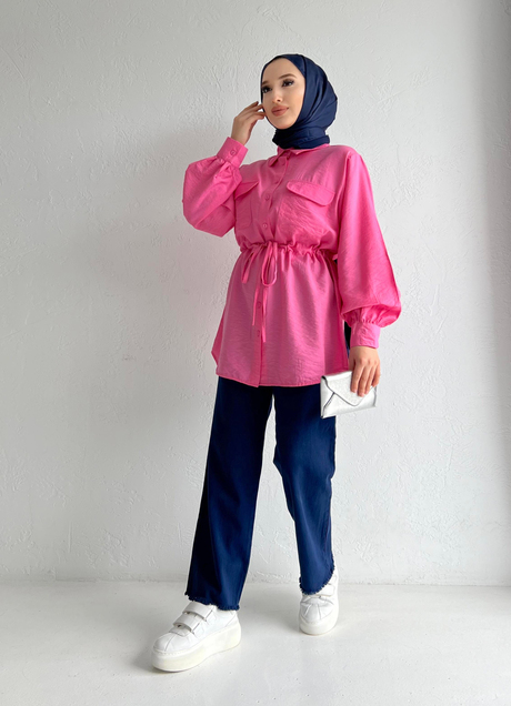Beli Büzgülü Krinkıl Gömlek Fuşya - Moda AlaBeli Büzgülü Krinkıl Gömlek Fuşya