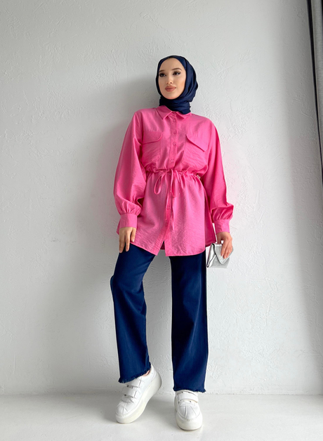 Beli Büzgülü Krinkıl Gömlek Fuşya - Moda AlaBeli Büzgülü Krinkıl Gömlek Fuşya