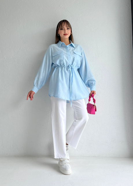 Beli Büzgülü Krinkıl Gömlek Mavi - Moda AlaBeli Büzgülü Krinkıl Gömlek Mavi