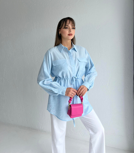Beli Büzgülü Krinkıl Gömlek Mavi - Moda AlaBeli Büzgülü Krinkıl Gömlek Mavi