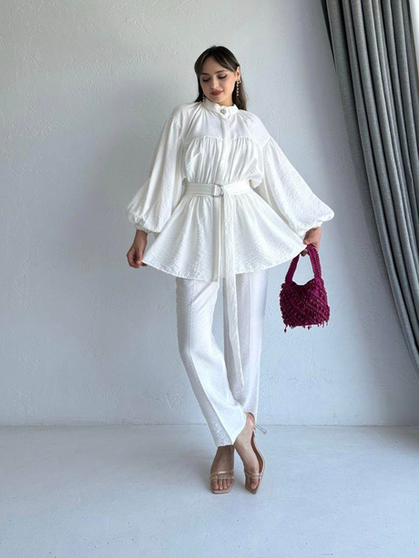 Beli Kemerli Büzgülü Takım Ekru | Moda AlaBeli Kemerli Büzgülü Takım Ekru