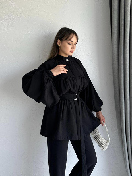 Beli Kemerli Büzgülü Takım Siyah | Moda AlaBeli Kemerli Büzgülü Takım Siyah