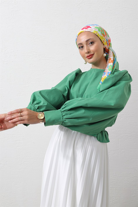 Beli Lastikli Kolları Büzgülü Gömlek Yeşil