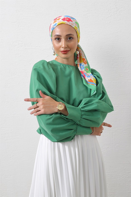 Beli Lastikli Kolları Büzgülü Gömlek Yeşil