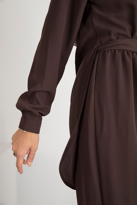 Beli Lastikli Önü Düğmeli Tunik - Kahverengi