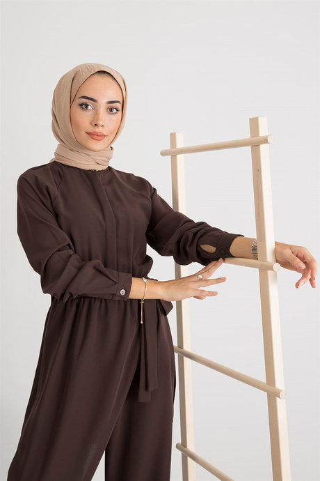 Beli Lastikli Önü Düğmeli Tunik - Kahverengi