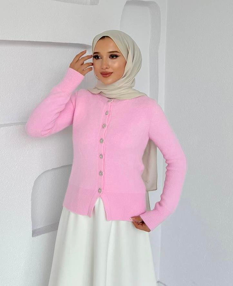 Bisiklet Yaka İnci Düğmeli Hırka Pembe