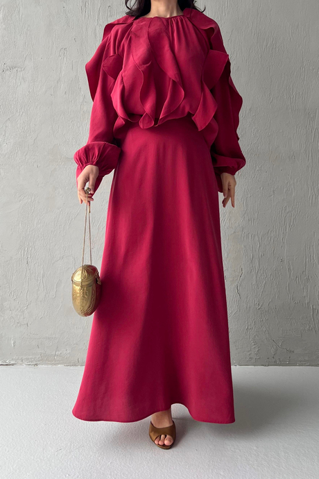 Bluzu Fırfırlı Takım Bordo