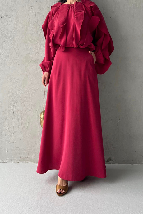 Bluzu Fırfırlı Takım Bordo