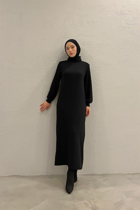 Boğazlı Fitilli Triko Elbise Siyah