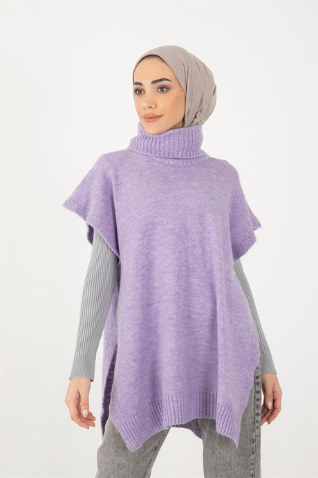 Boğazlı Triko Panço Lila