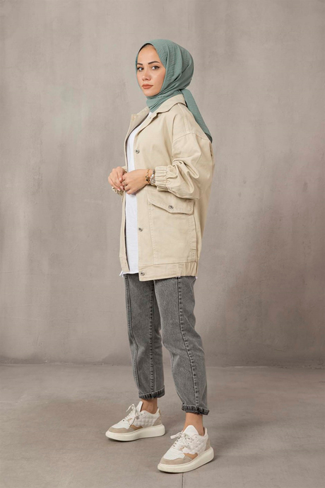 Büyük Cepli Denim Ceket - Taş