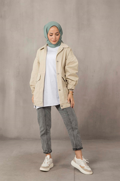 Büyük Cepli Denim Ceket - Taş