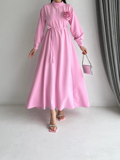 Çiçek Detaylı İpli Elbise Pembe