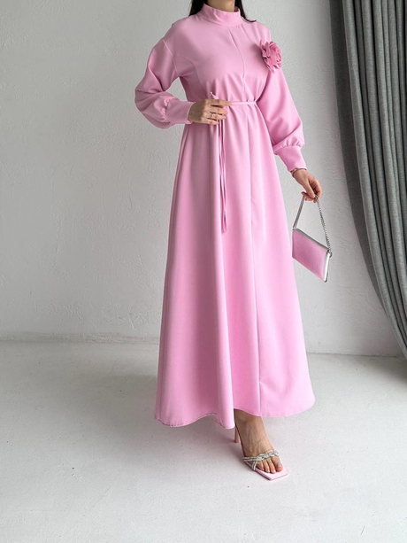 Çiçek Detaylı İpli Elbise Pembe