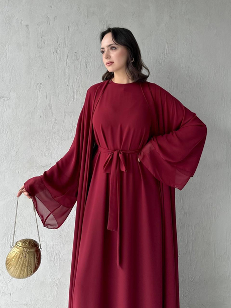 Çift Katlı Şifon Abaya Takım Bordo