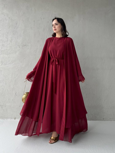 Çift Katlı Şifon Abaya Takım Bordo