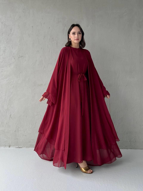 Çift Katlı Şifon Abaya Takım Bordo