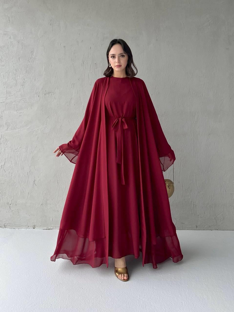 Çift Katlı Şifon Abaya Takım Bordo