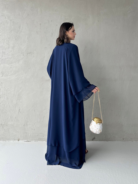 Çift Katlı Şifon Abaya Takım Lacivert