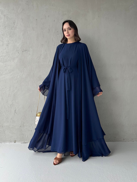 Çift Katlı Şifon Abaya Takım Lacivert