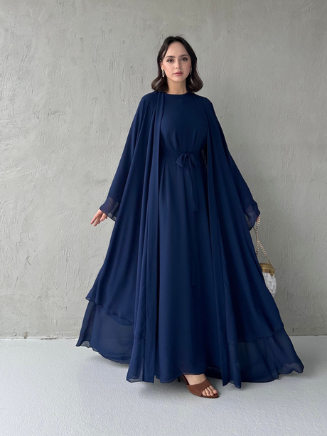 Çift Katlı Şifon Abaya Takım Lacivert