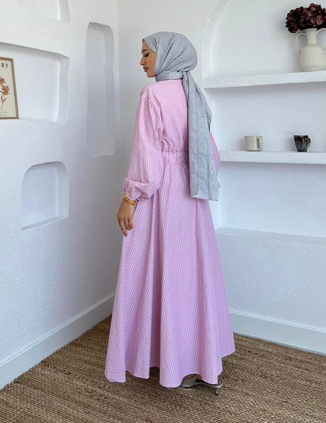 Çıtçıt Düğmeli Çizgili Elbise Pembe