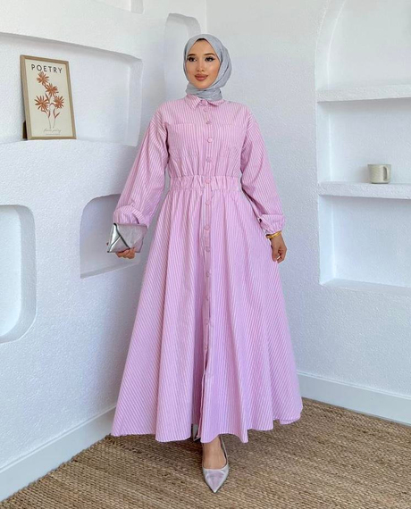 Çıtçıt Düğmeli Çizgili Elbise Pembe