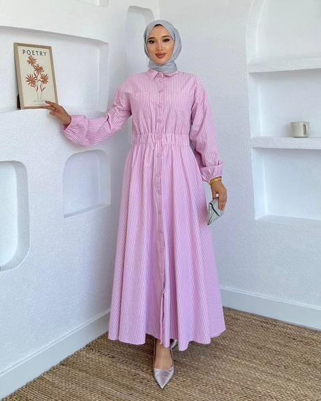 Çıtçıt Düğmeli Çizgili Elbise Pembe