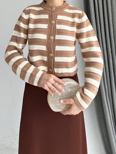 Çizgili Crop Hırka Bej