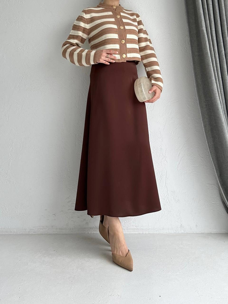 Çizgili Crop Hırka Bej