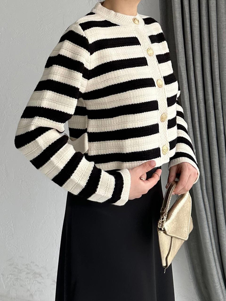 Çizgili Crop Hırka Ekru