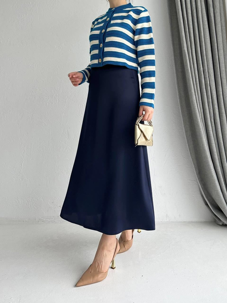 Çizgili Crop Hırka Mavi