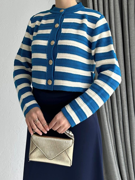 Çizgili Crop Hırka Mavi