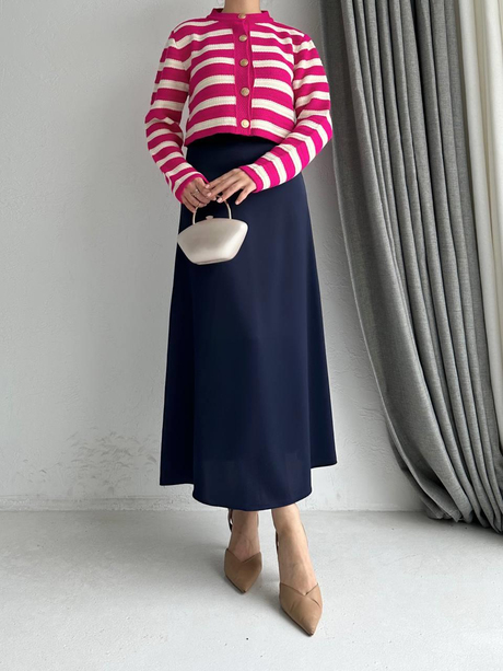 Çizgili Crop Hırka Pembe