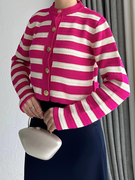 Çizgili Crop Hırka Pembe