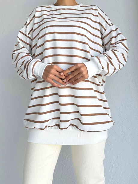 Çizgili İki İplik Sweatshirt Taba-Beyaz