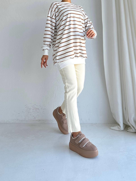 Çizgili İki İplik Sweatshirt Taba-Beyaz