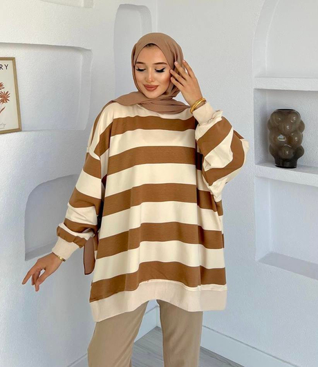 Çizgili Oversize Sweatshirt Kahverengi