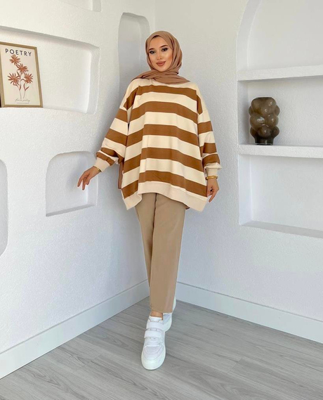 Çizgili Oversize Sweatshirt Kahverengi