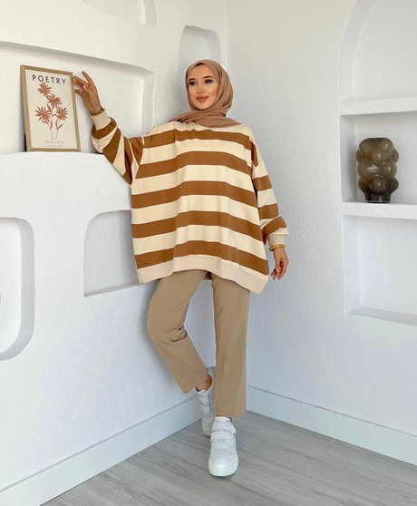 Çizgili Oversize Sweatshirt Kahverengi