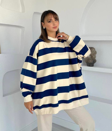 Çizgili Oversize Sweatshirt Lacivert