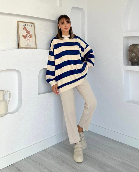 Çizgili Oversize Sweatshirt Lacivert