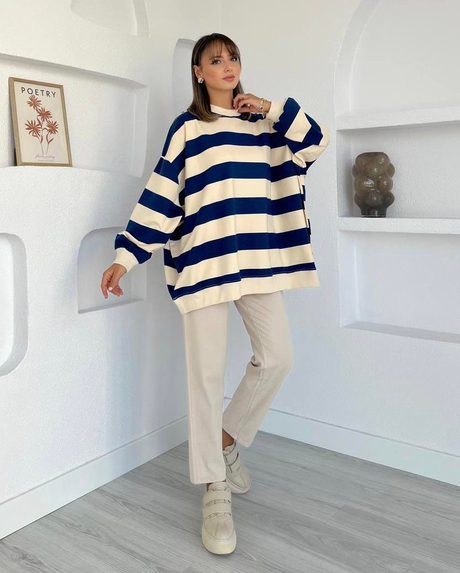 Çizgili Oversize Sweatshirt Lacivert