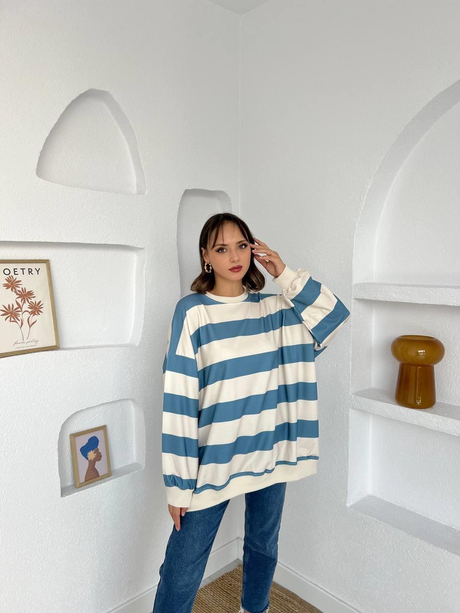 Çizgili Oversize Sweatshirt Mavi