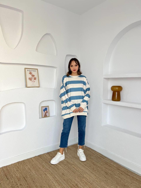 Çizgili Oversize Sweatshirt Mavi