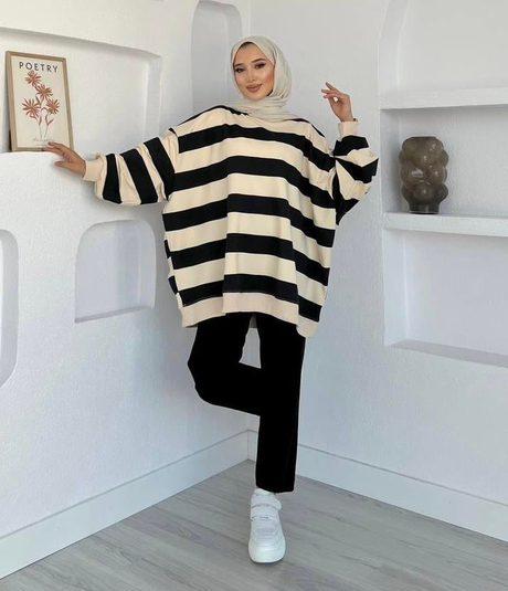 Çizgili Oversize Sweatshirt Siyah